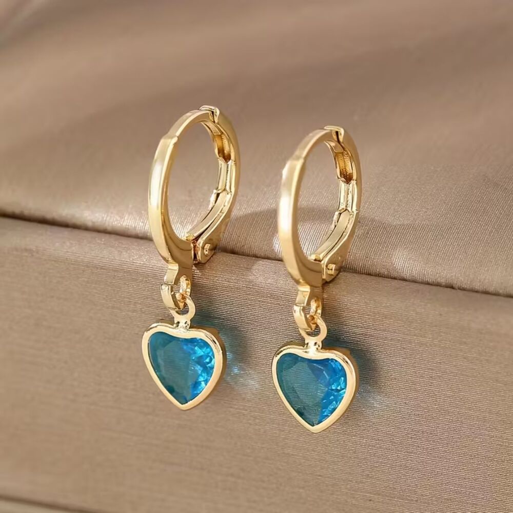 Blue Heart Zirconia Crystal Dangle Hoop Earrings Gold Gemstone Drop Charm Dainty